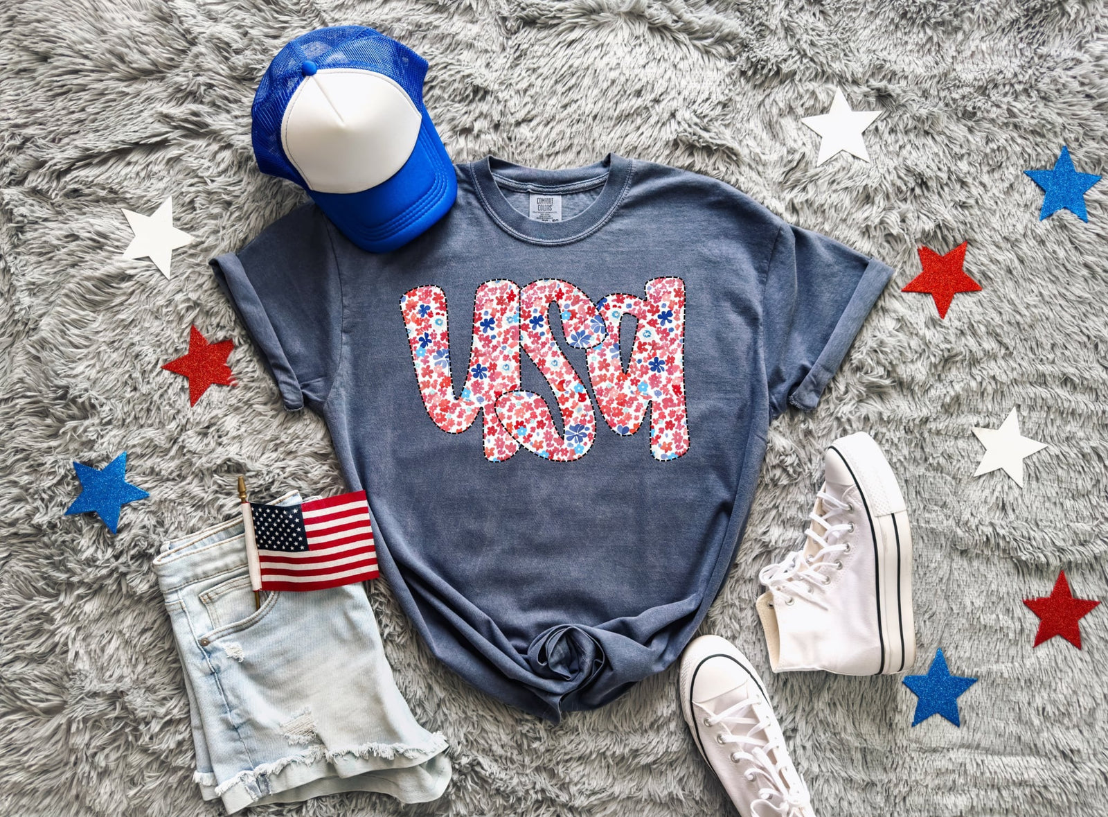 USA Floral Tee: Blue Jean