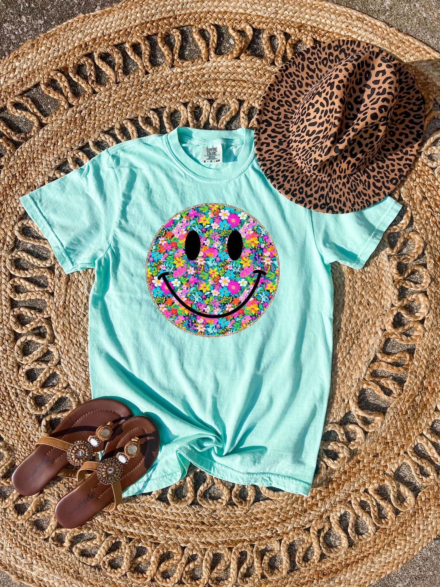 Floral and Glitter Smiley Tee: Island Reef