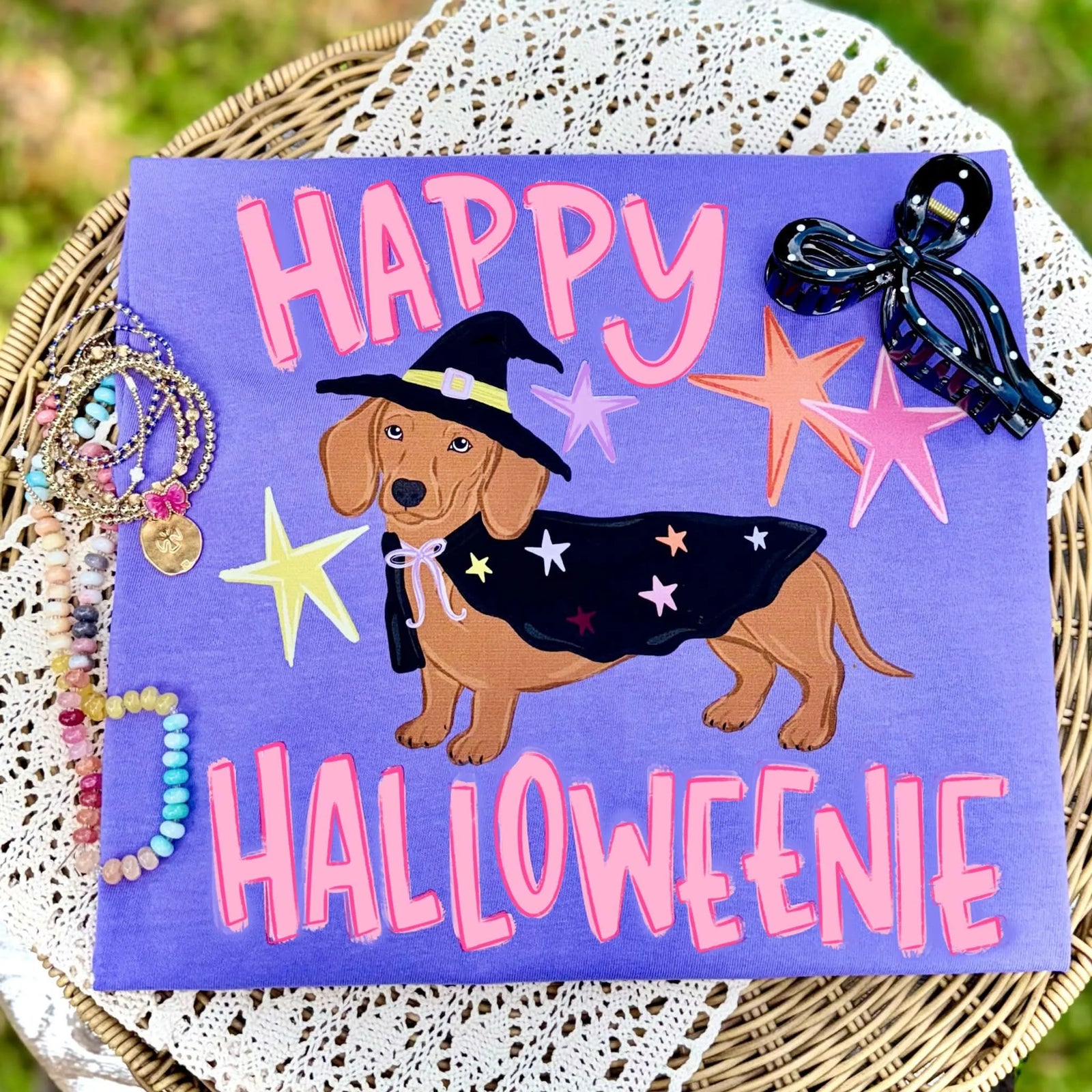 Happy Halloweenie Dachshund Tee: Violet