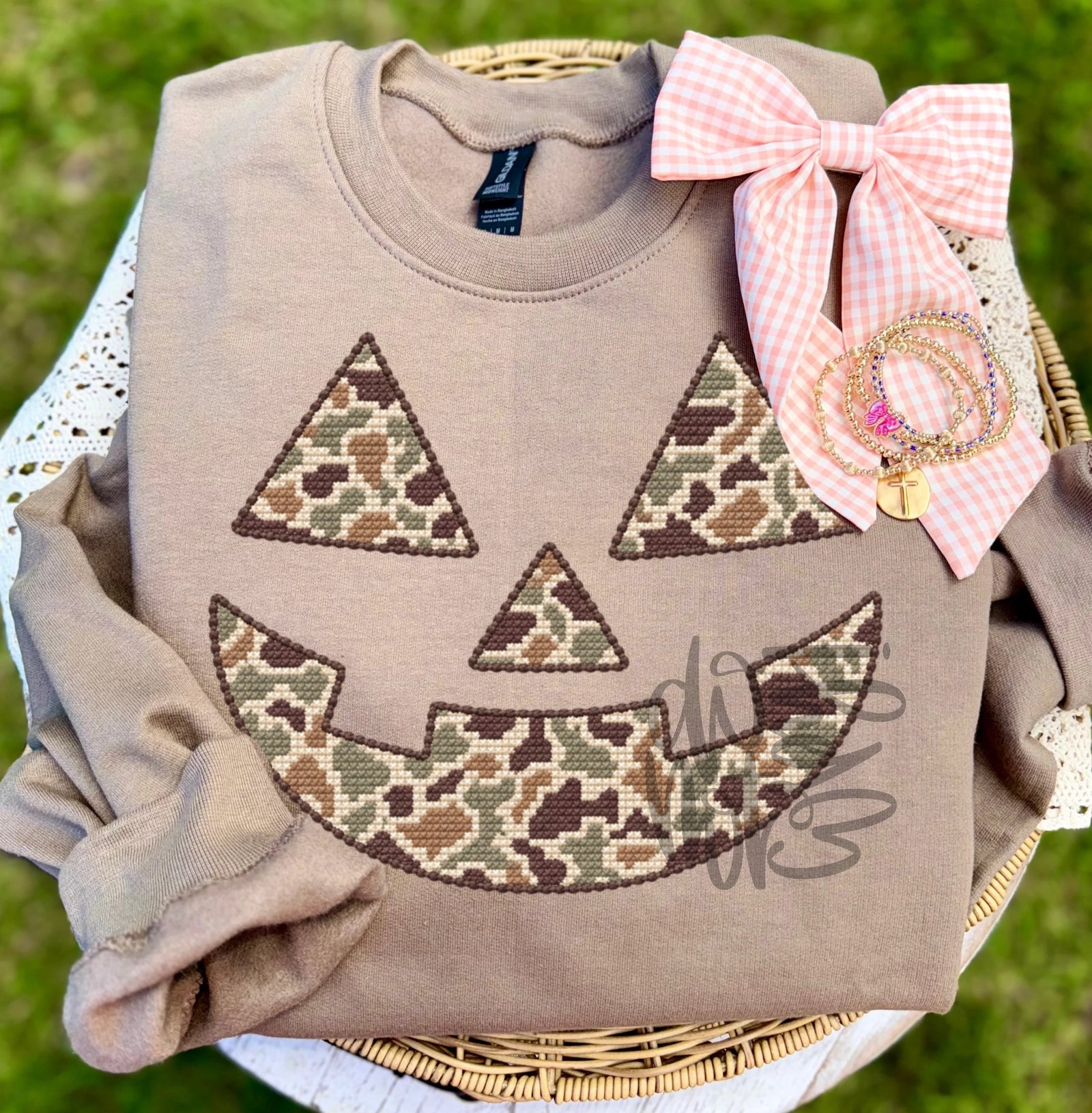 Camo Jack O Lantern Faux Stitch Crew Neck Sweatshirt: Sand