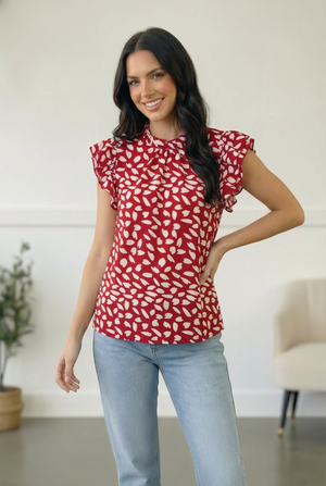 Ruby Breeze Abstract Ruffle Top