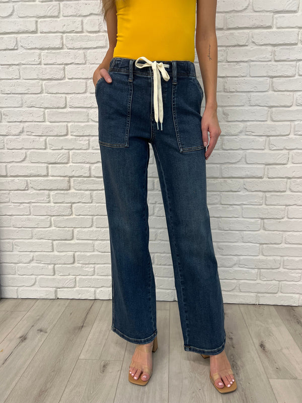 Melanie High Rise Drawstring Wide Leg Jeans - Sparked Style