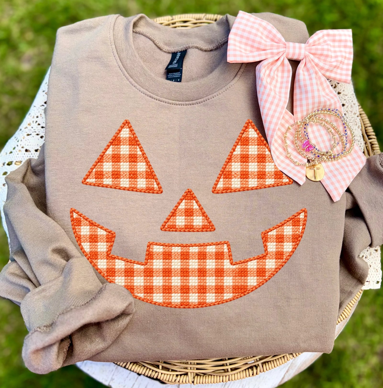 Orange Jack O Lantern Faux Stitch Crew Neck Sweatshirt: Sand