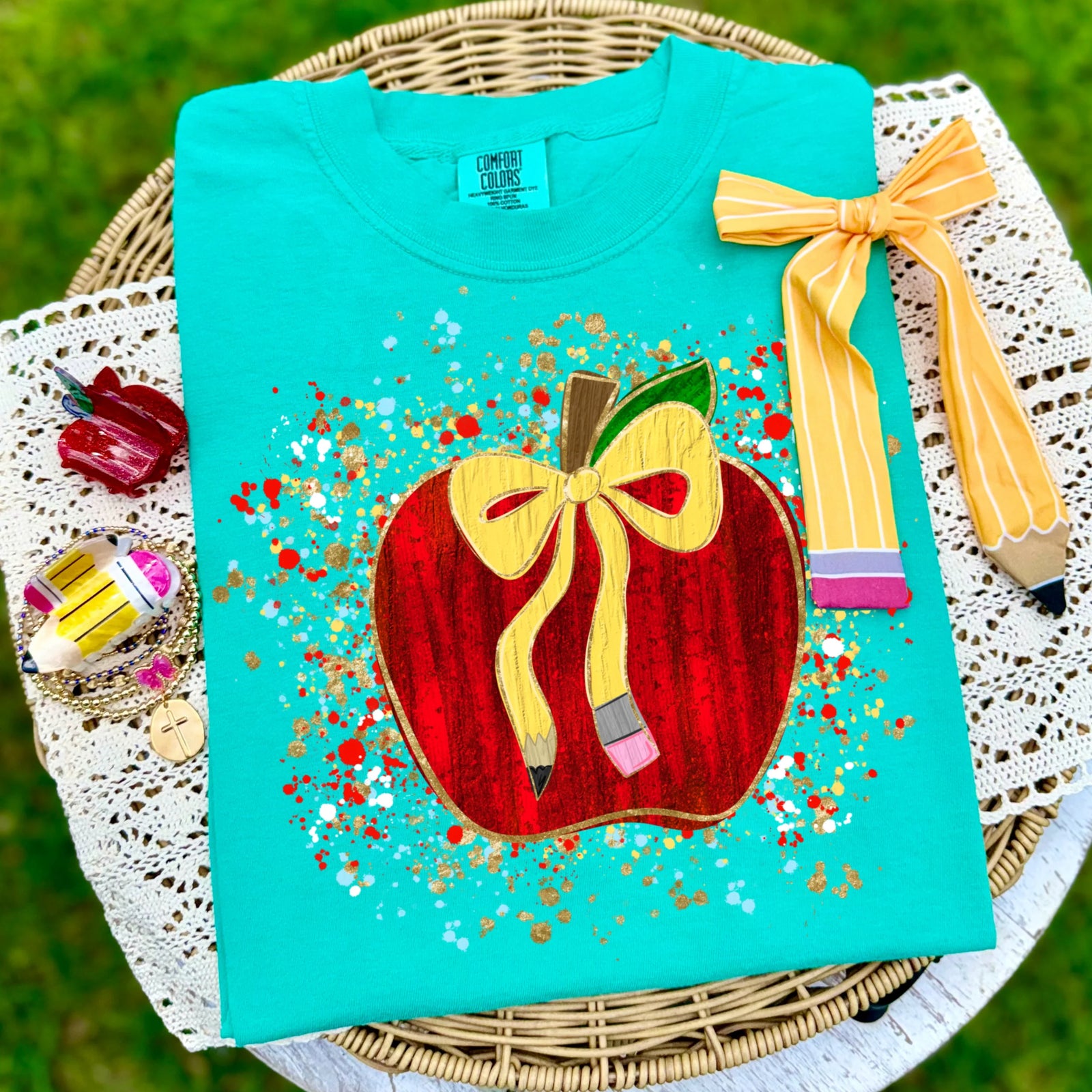 Teacher Splatter Apple Tee (Youth + Adult): Island Green