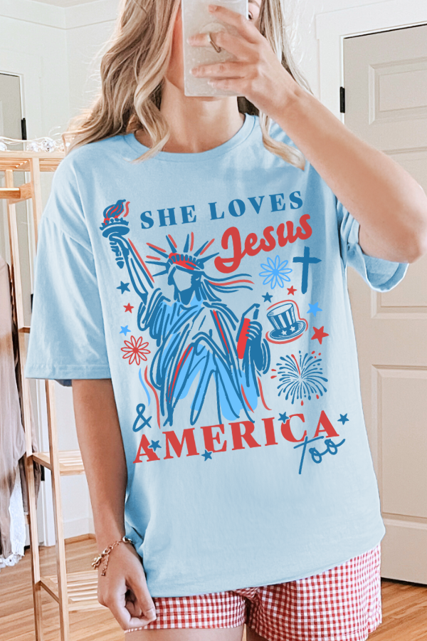 She Loves Jesus & America Too Tee: Light Blue