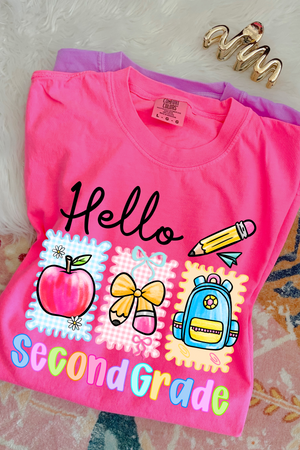 Hello {Grade} Back School Tee: Neon Pink (Youth + Adult)
