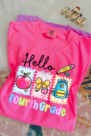 Hello {Grade} Back School Tee: Neon Pink (Youth + Adult)