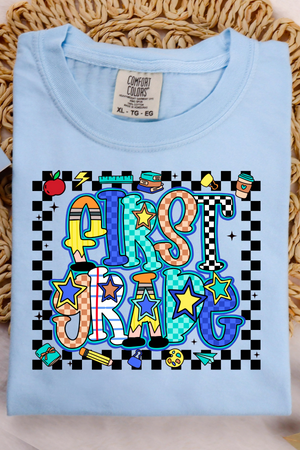 Back To School Checkered Tee: Chambray (Youth + Adult)