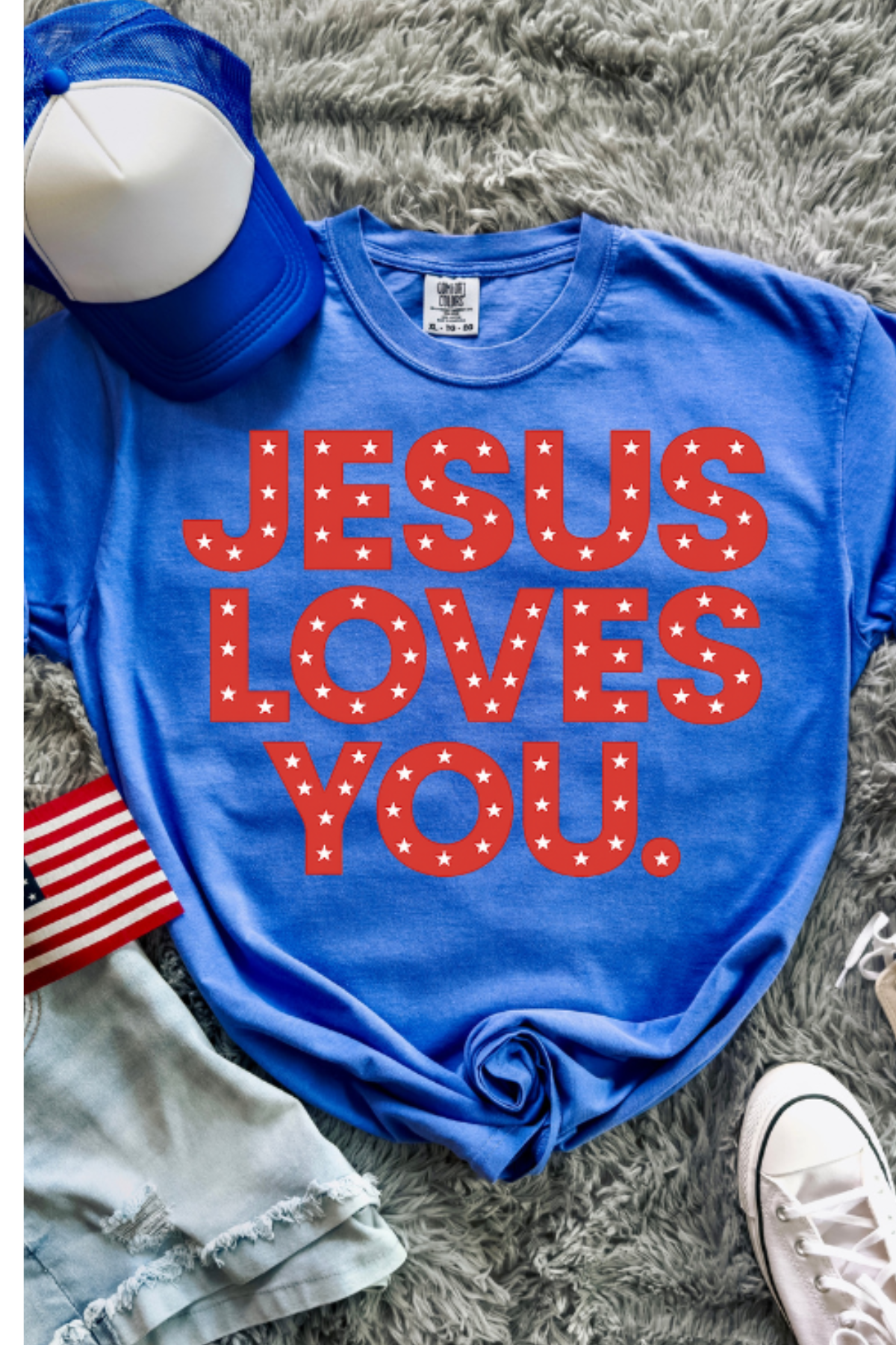 Jesus Loves You Tee: Flo Blue (Patriotic)