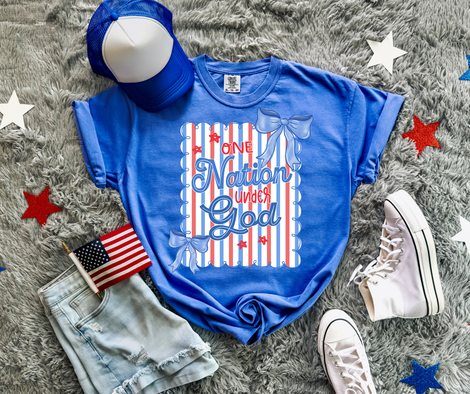 One Nation Under God Tee: Flo Blue