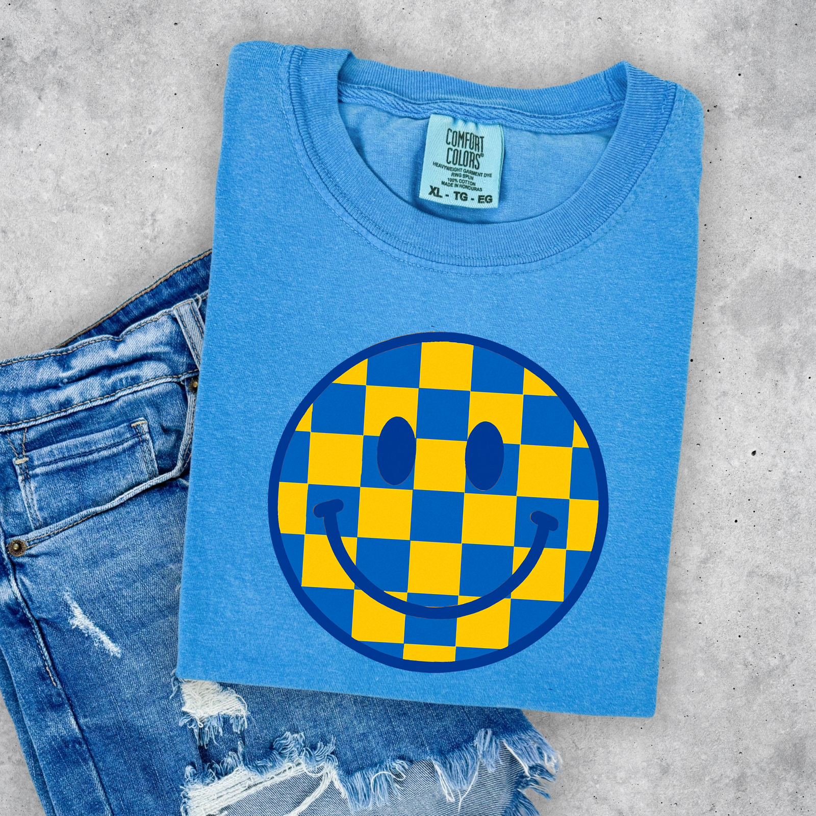 Blue and Yellow Checkered Smile Tee: Royal Caribe