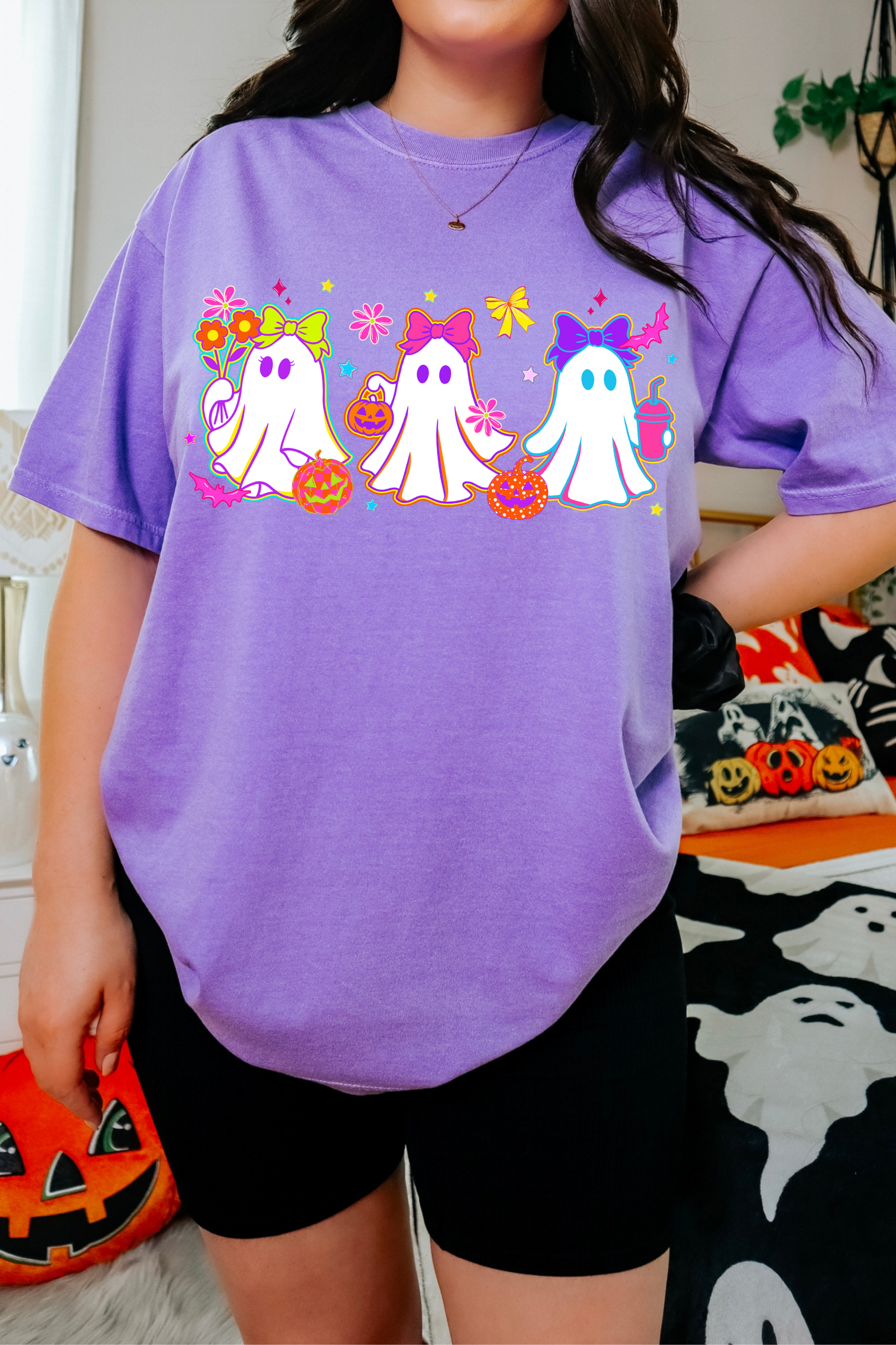 Three Ghosties Tee: Neon Violet