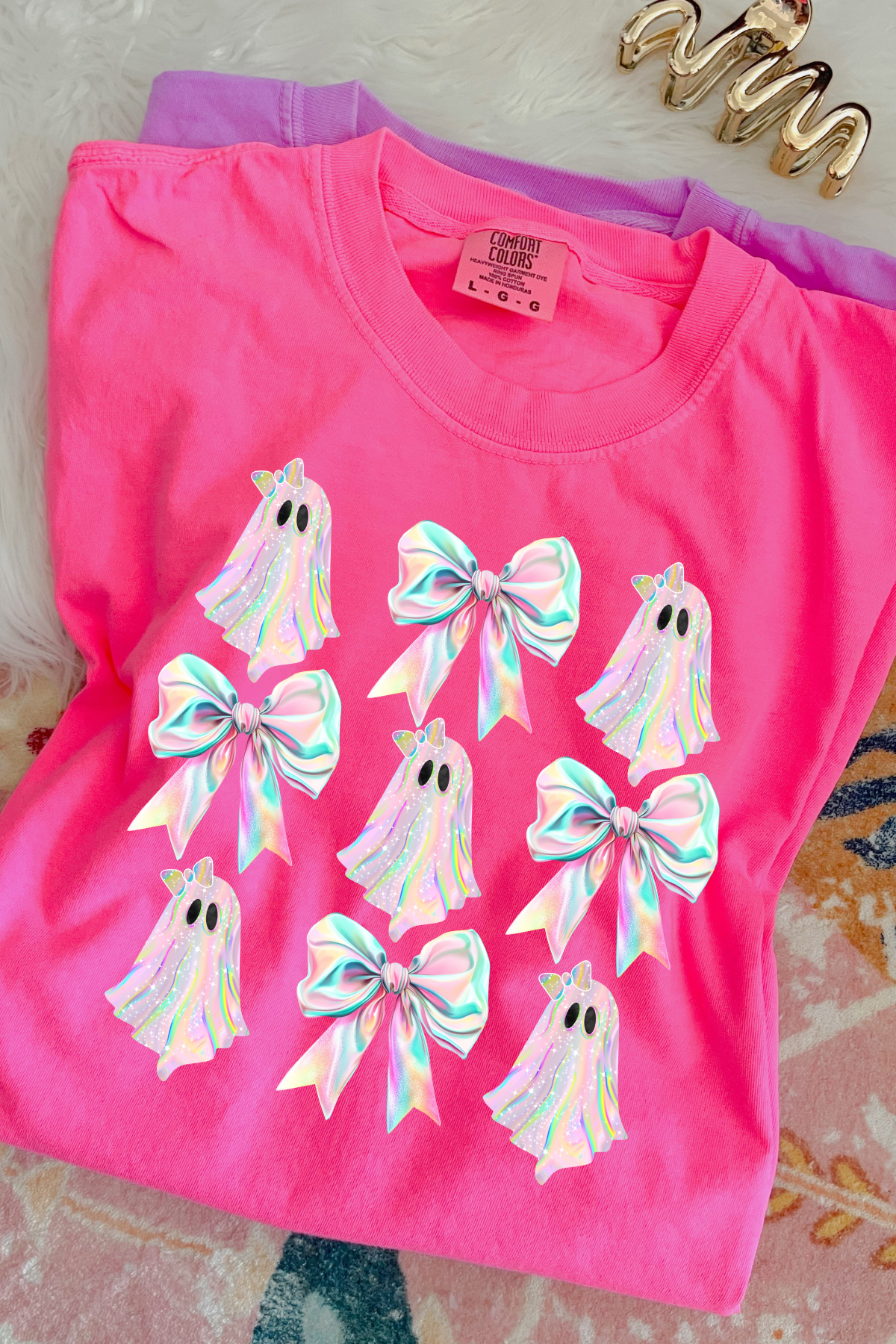 Iridescent Ghosts and Bows Tee: Neon Pink