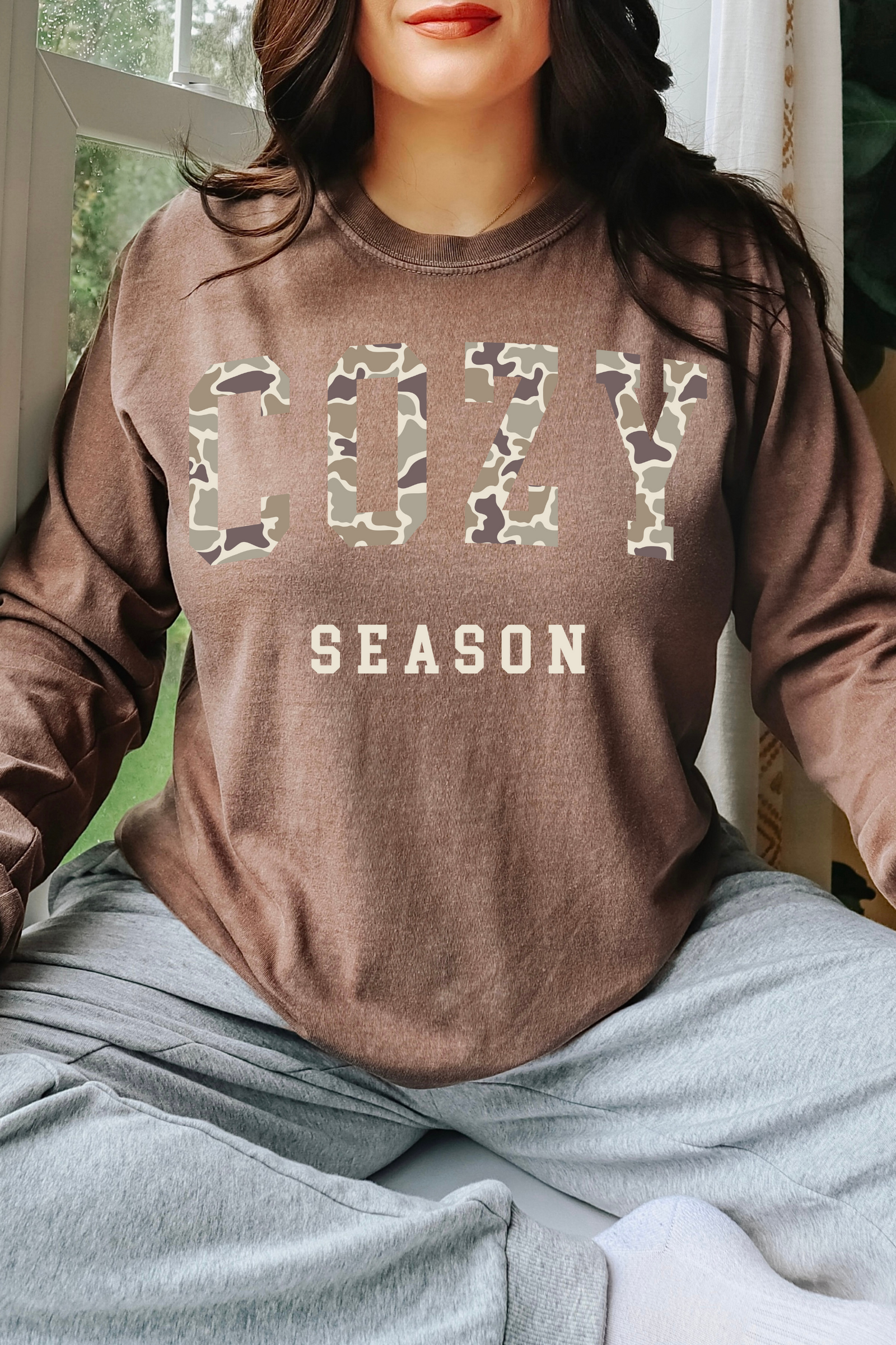 Cozy Season Duck Camo Long Sleeve Tee: Espresso