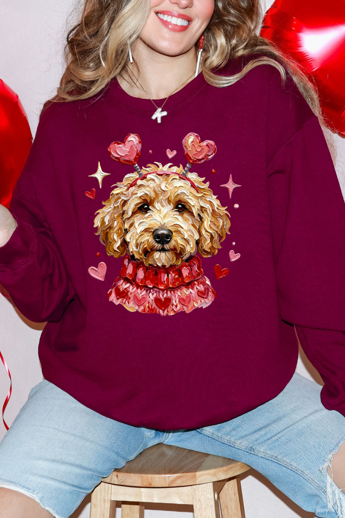 Valentine Goldendoodle Crewneck Sweatshirt: Maroon
