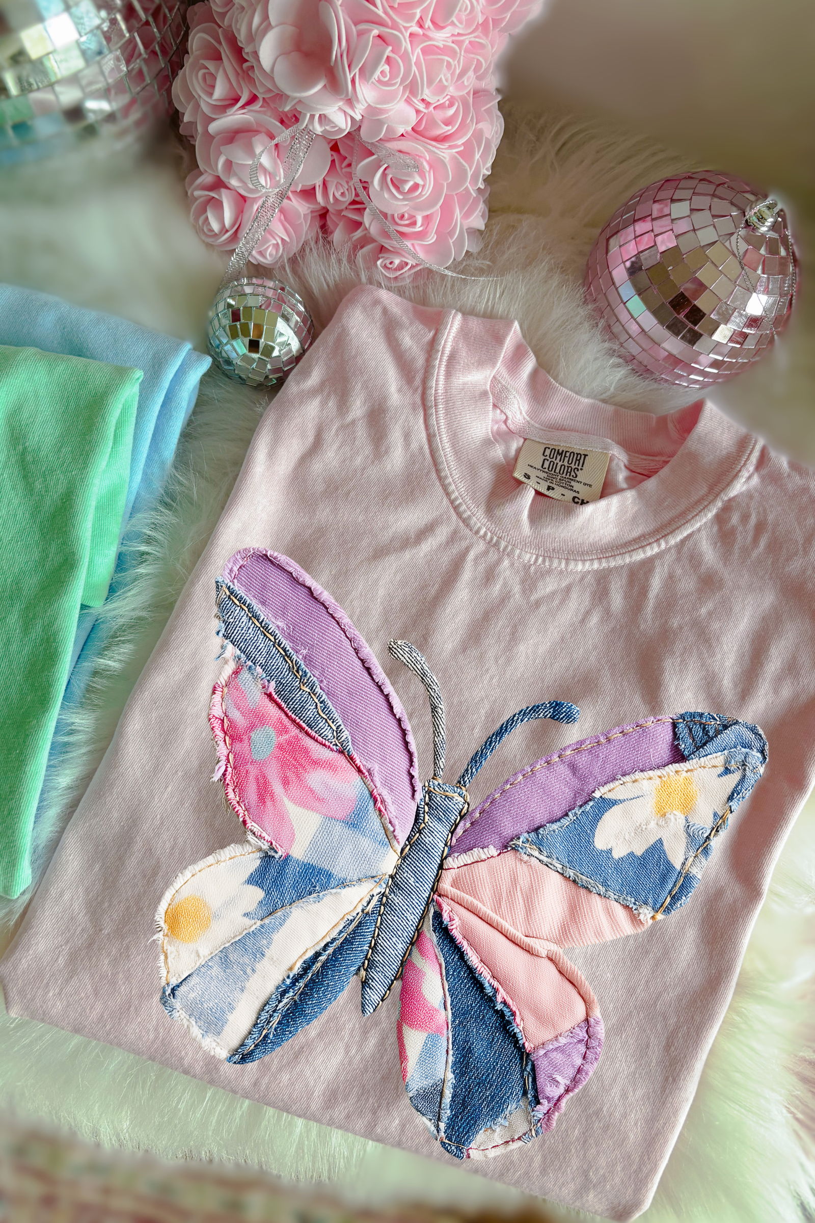 Faux Patchwork Denim Butterfly Tee: Blossom