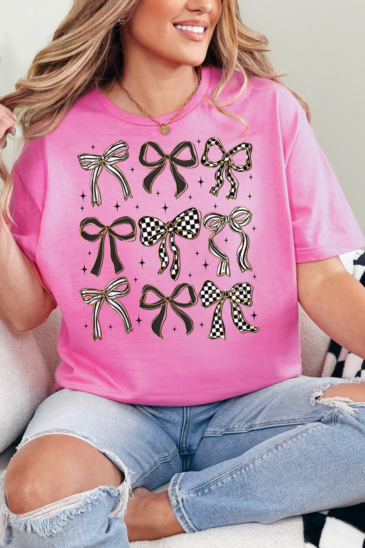 DEAL Checkered Bow Tee: Azalea