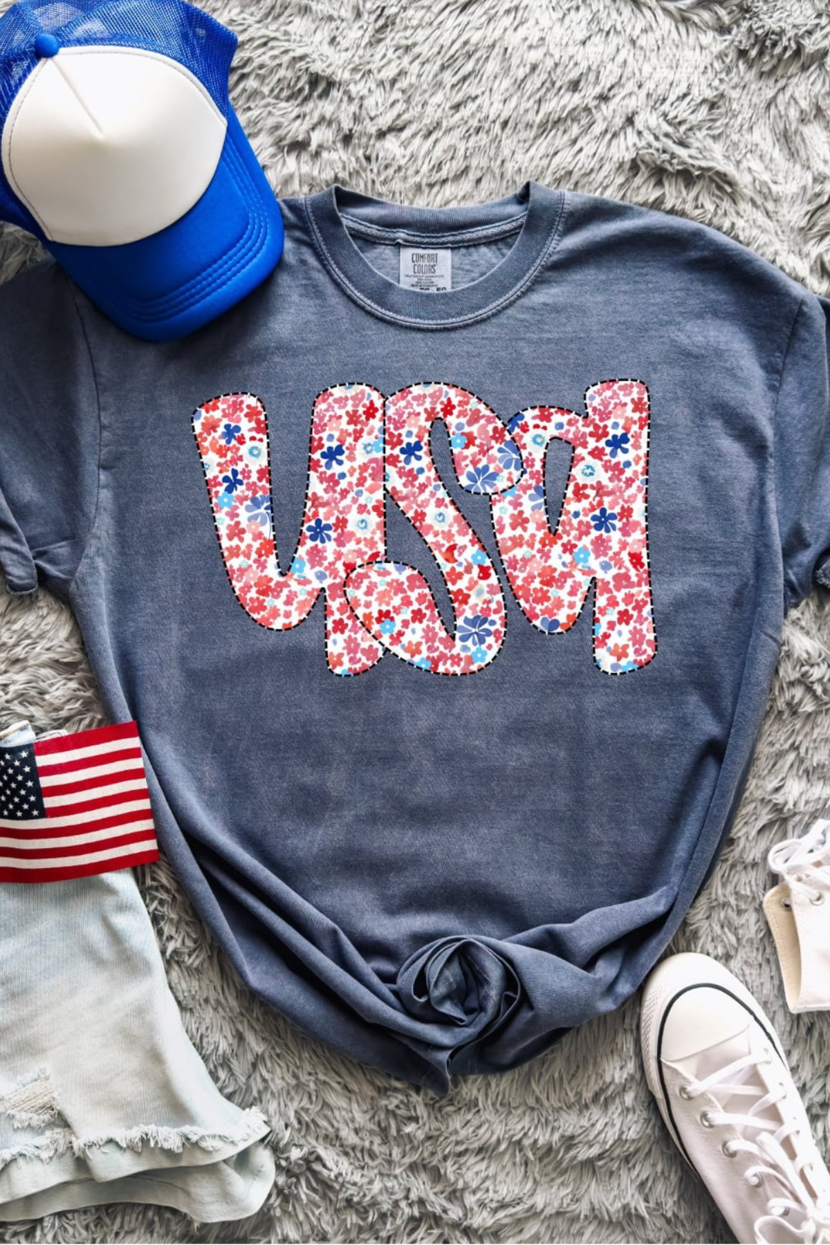 USA Floral Tee: Blue Jean