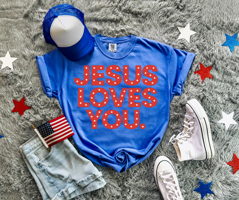 Jesus Loves You Tee: Flo Blue (Patriotic)