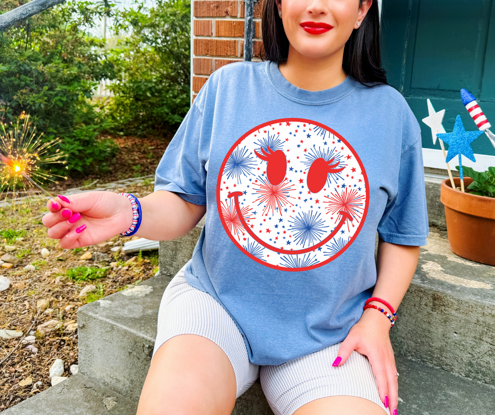 Fireworks Smiley Tee: Washed Denim