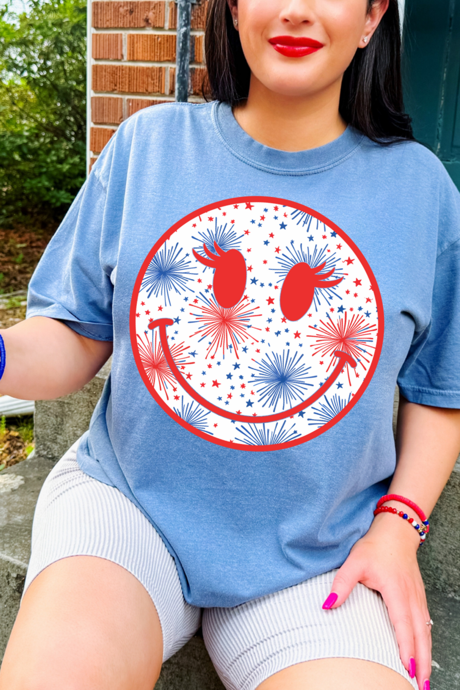 Fireworks Smiley Tee: Washed Denim