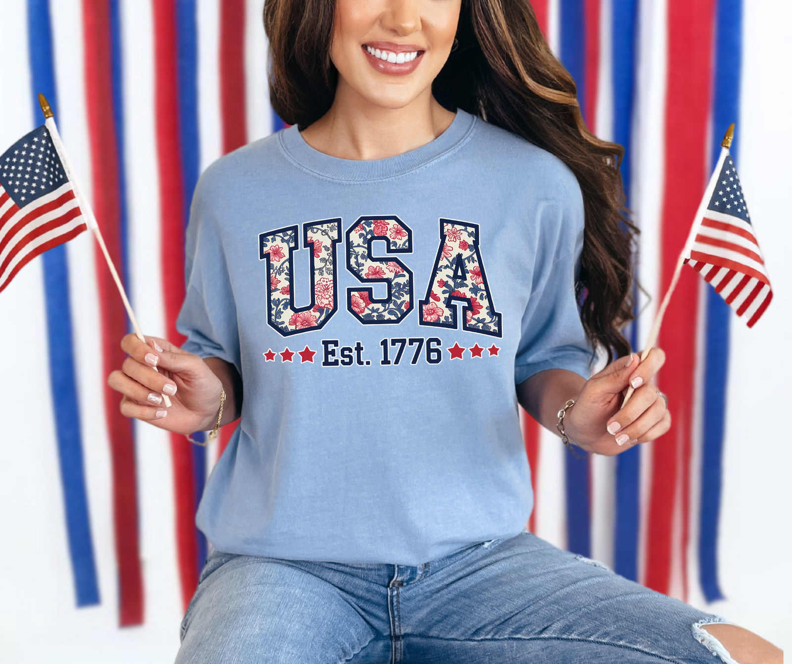 Floral USA 1776 Tee: Washed Denim