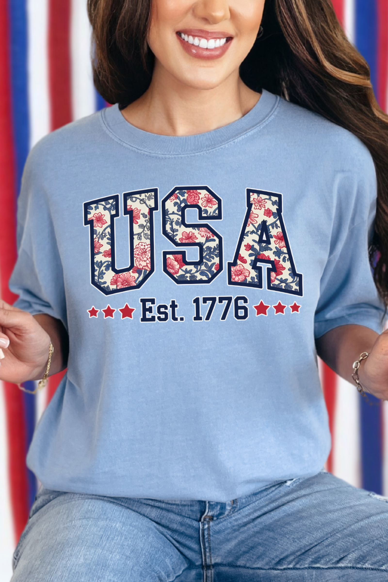 Floral USA 1776 Tee: Washed Denim