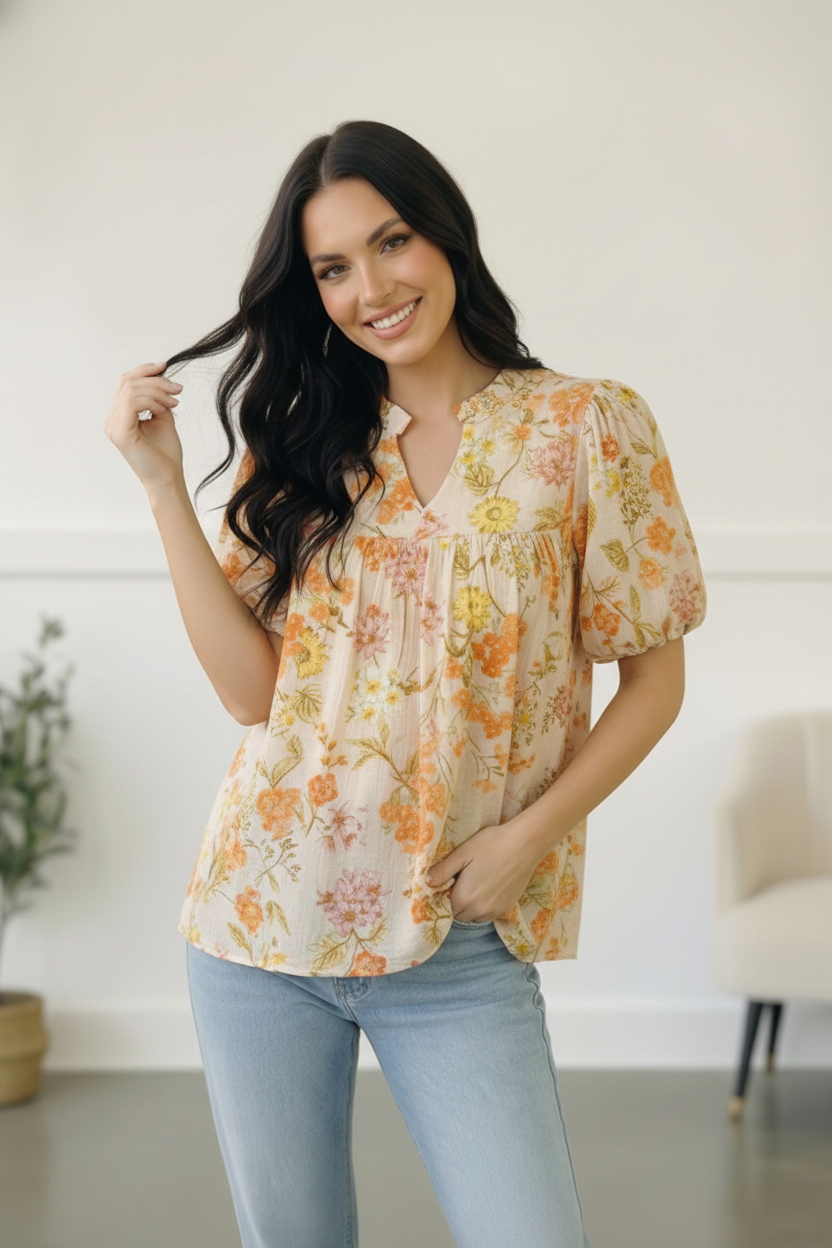 Sunlit Garden Notch Neck Blouse