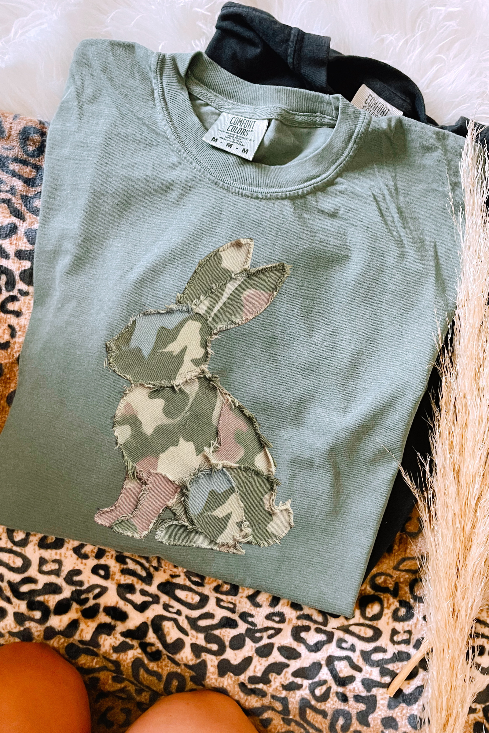 Faux Quilted Camo Bunny Tee: Moss