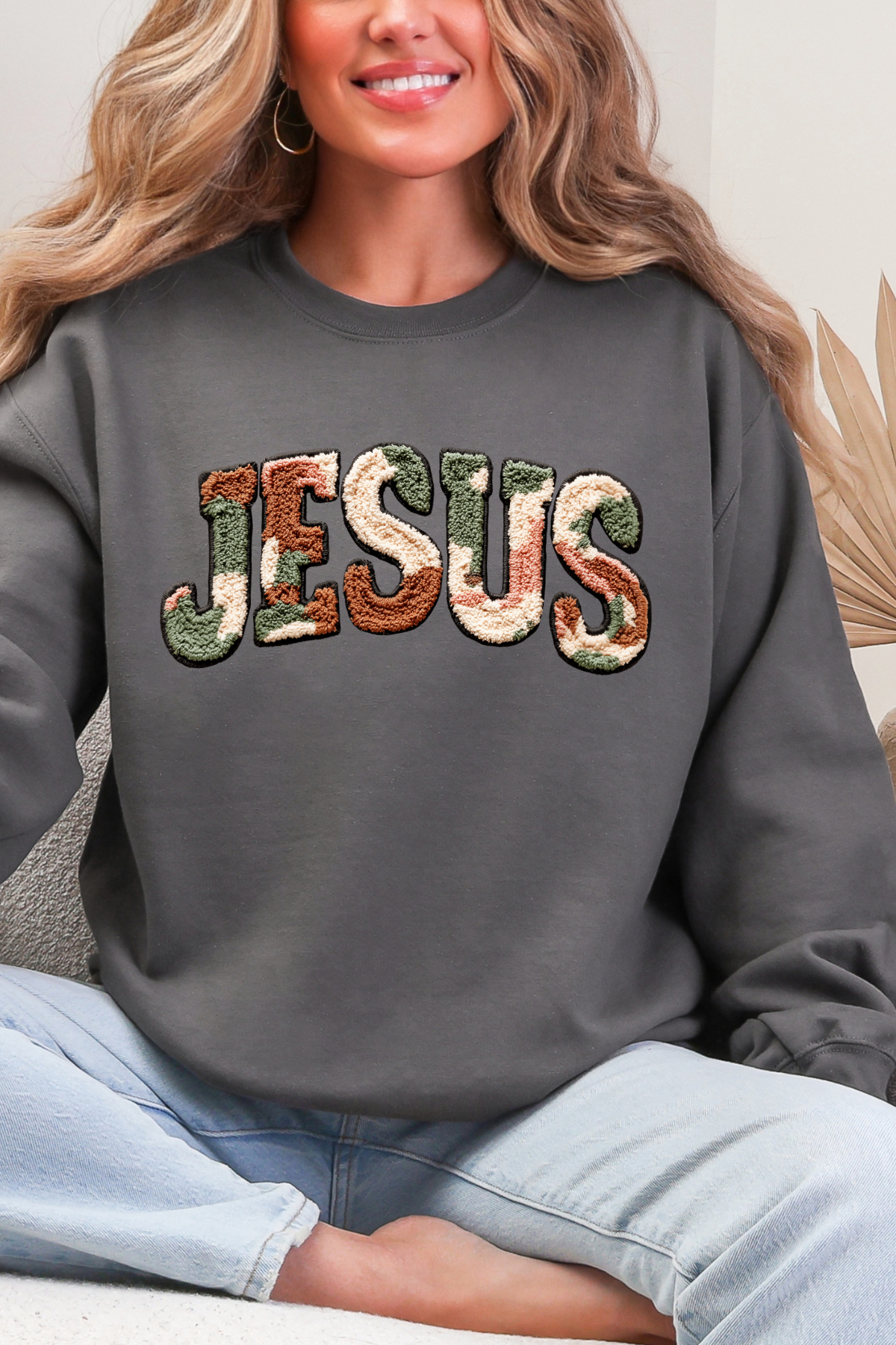 Camo Jesus Crewneck Sweatshirt: Charcoal