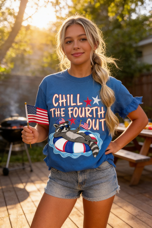 Chill the Fourth Out Raccoon Tee: Flo Blue