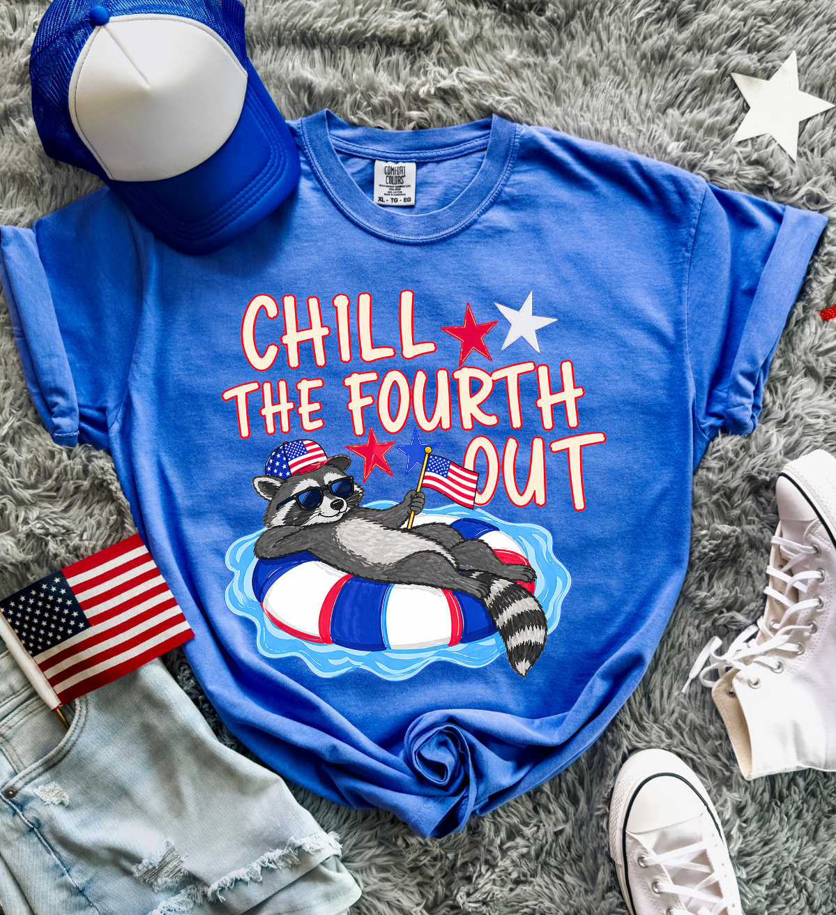 Chill the Fourth Out Raccoon Tee: Flo Blue