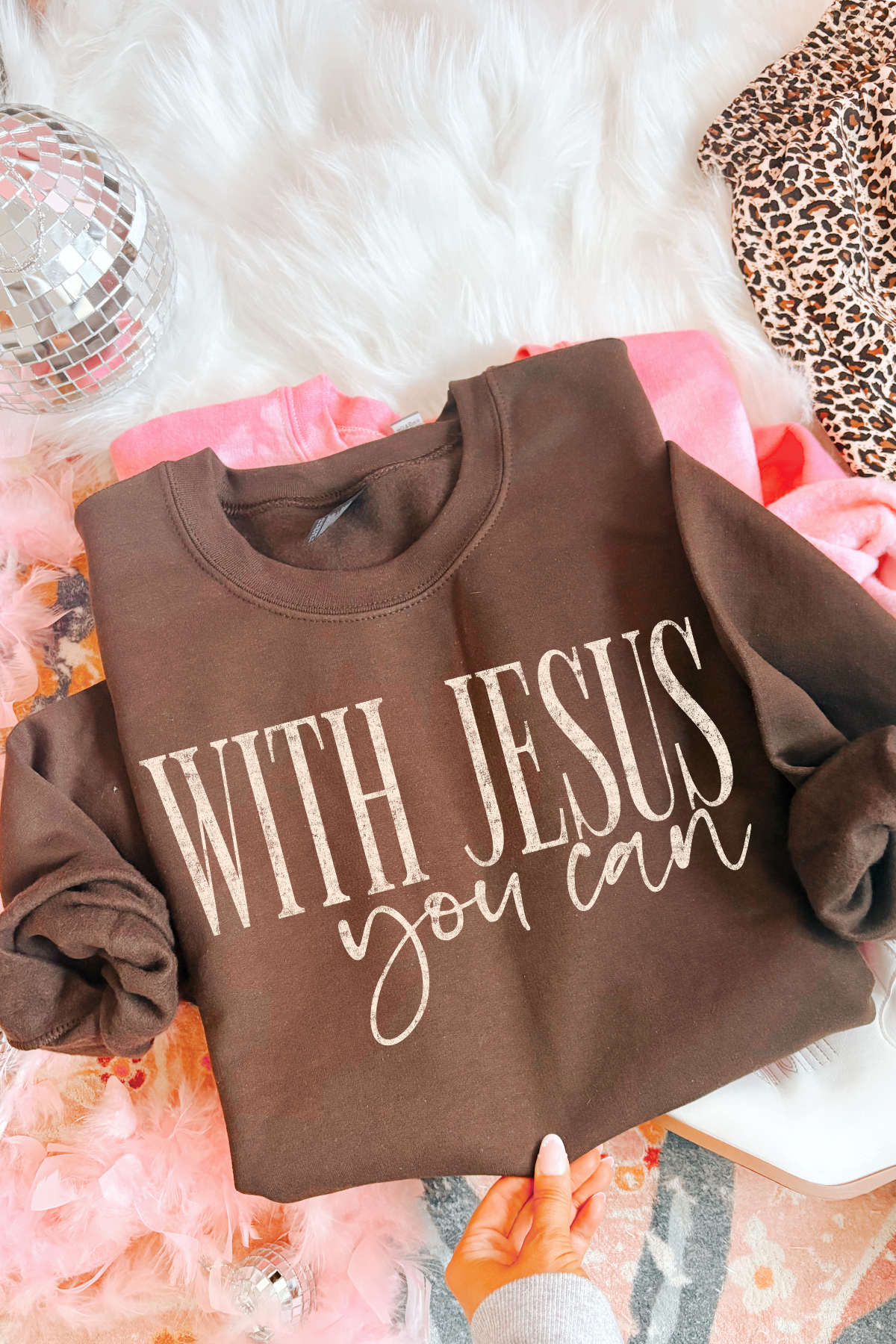 With Jesus You Can Crewneck Sweatshirt: Chocolate