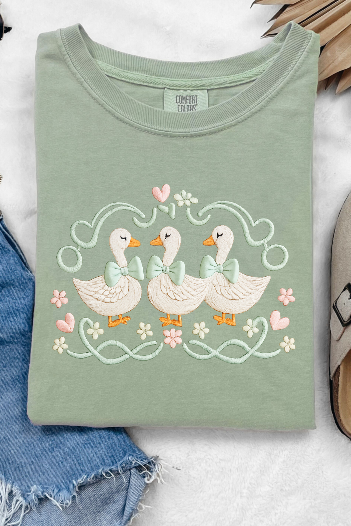 Faux Embroidered Geese Tee: Bay
