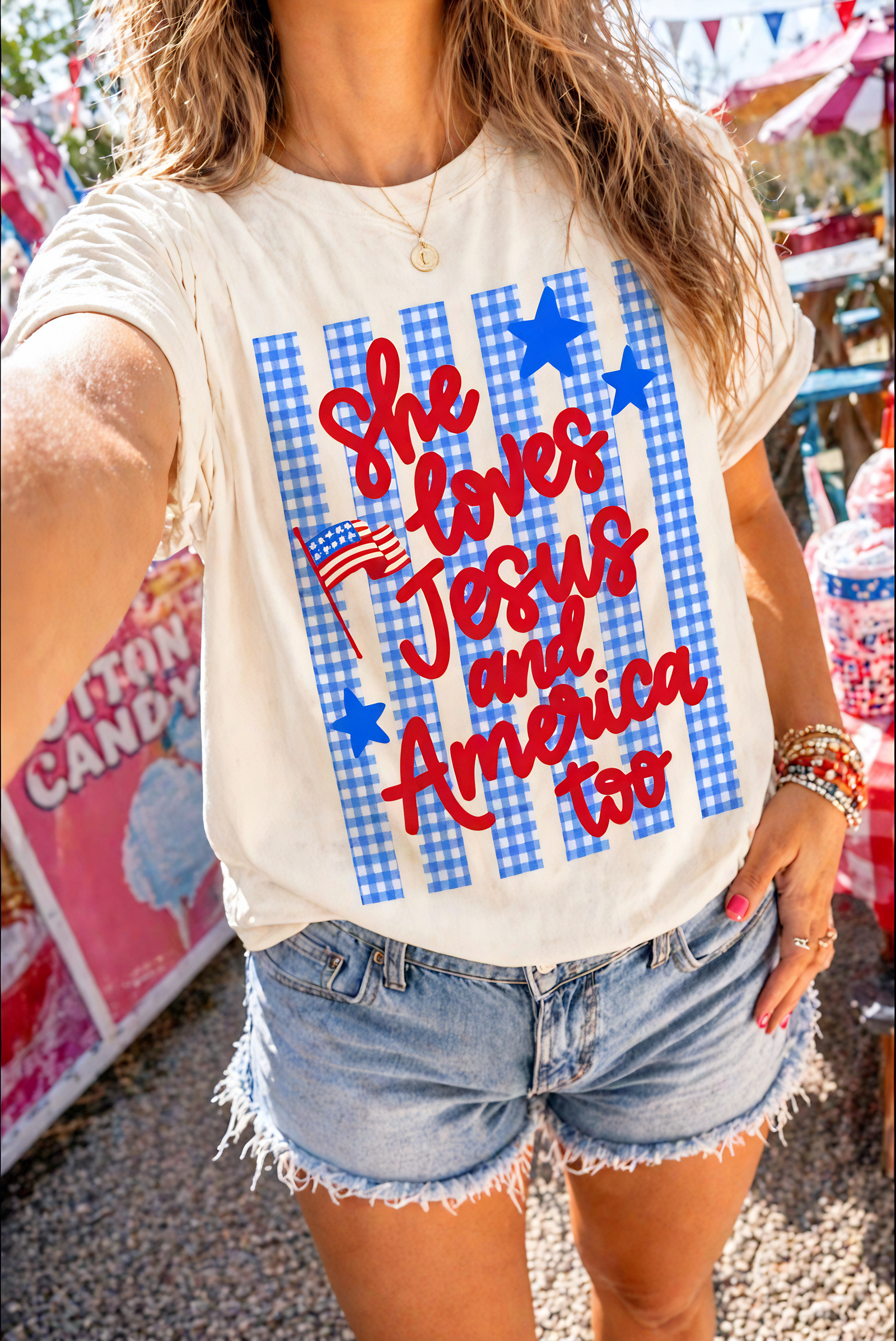 She Loves Jesus & America Too Gingham Tee: Ivory