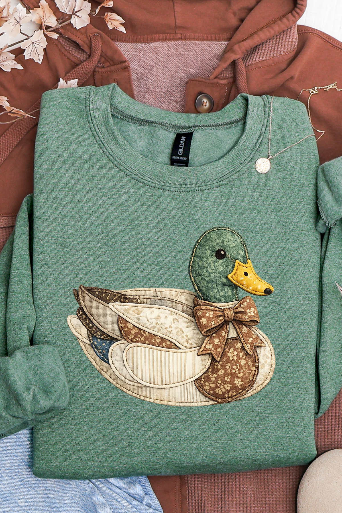 Faux Quilted Bow Duck Sweatshirt: Heather Green