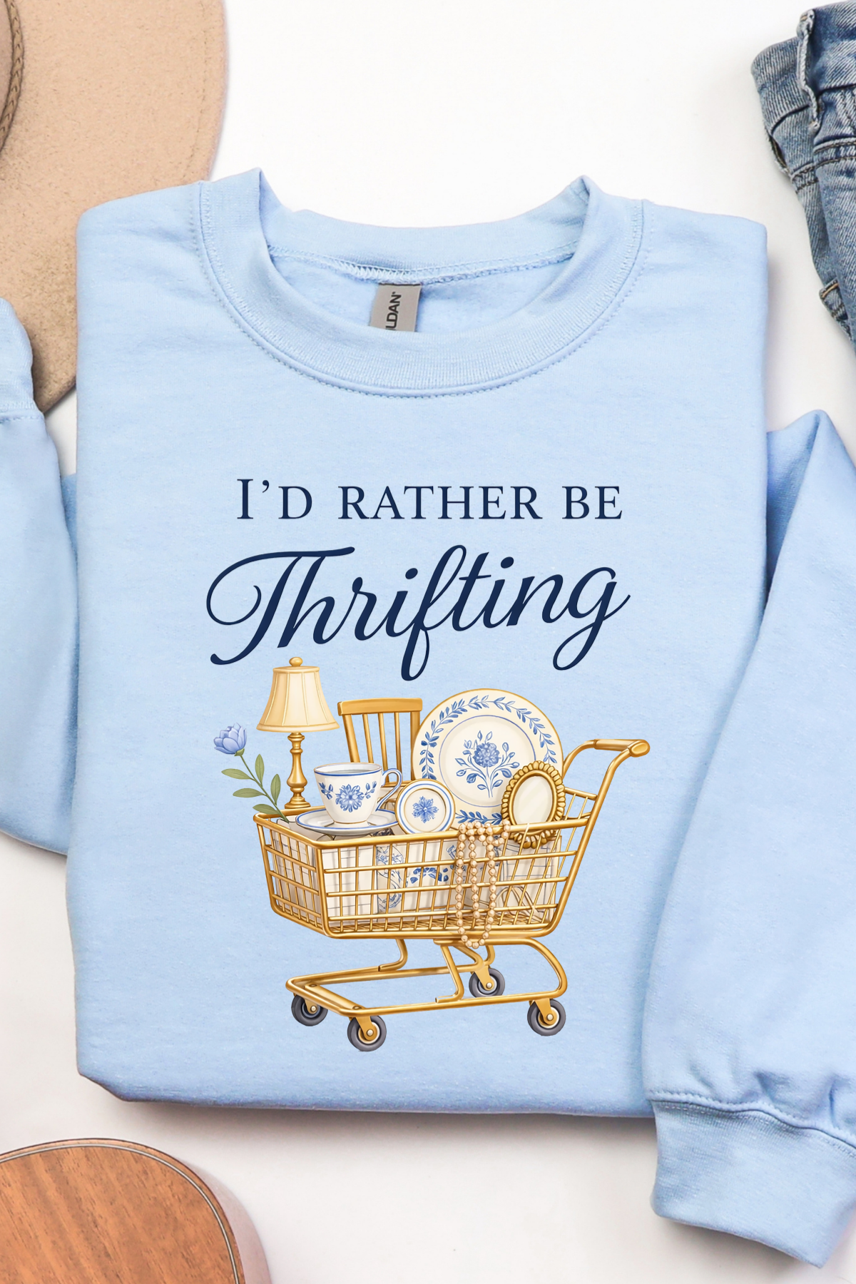 I'd Rather Be Thrifting Cart Sweatshirt: Light Blue