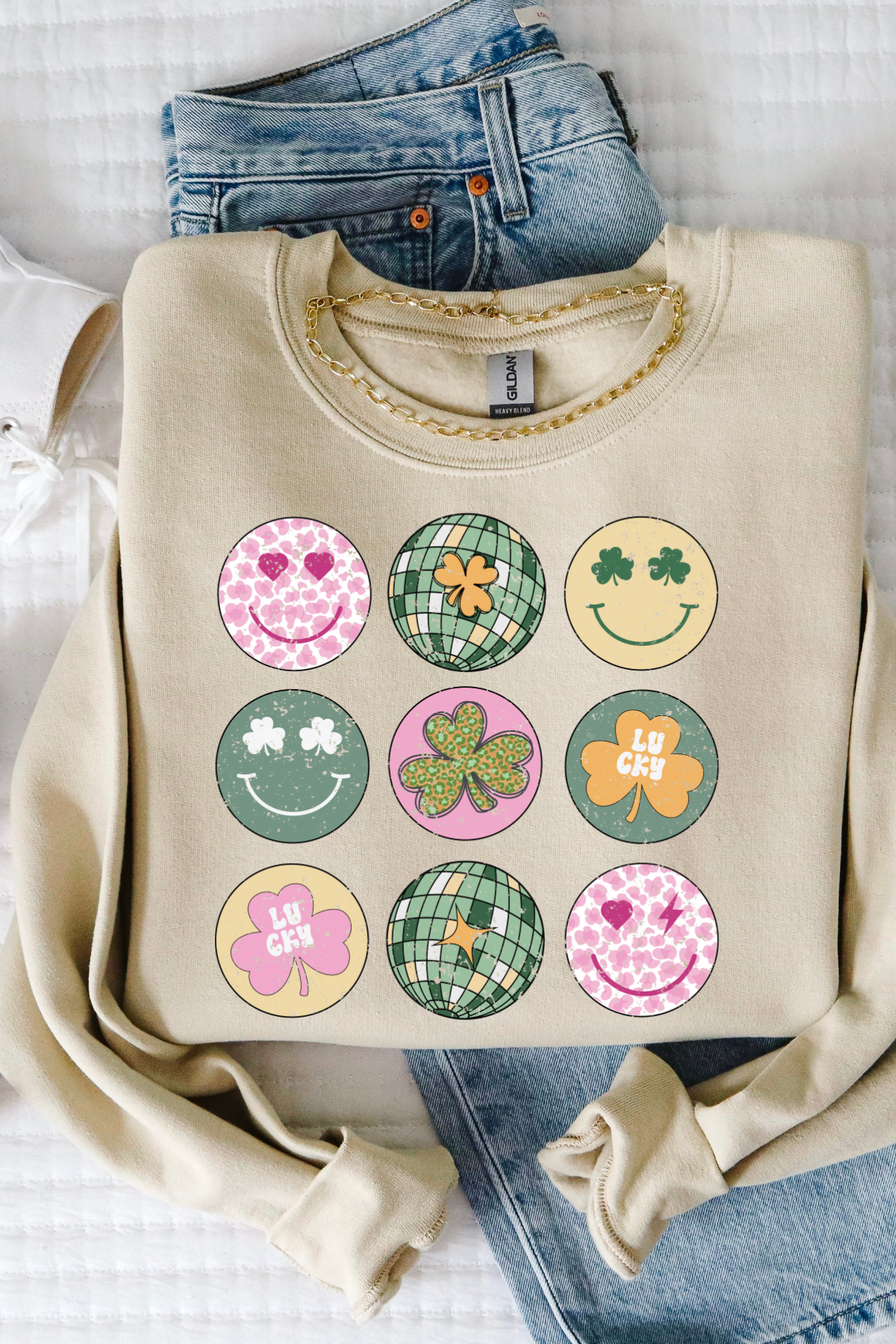 Retro Smileys and Shamrock Sweatshirt: Sand