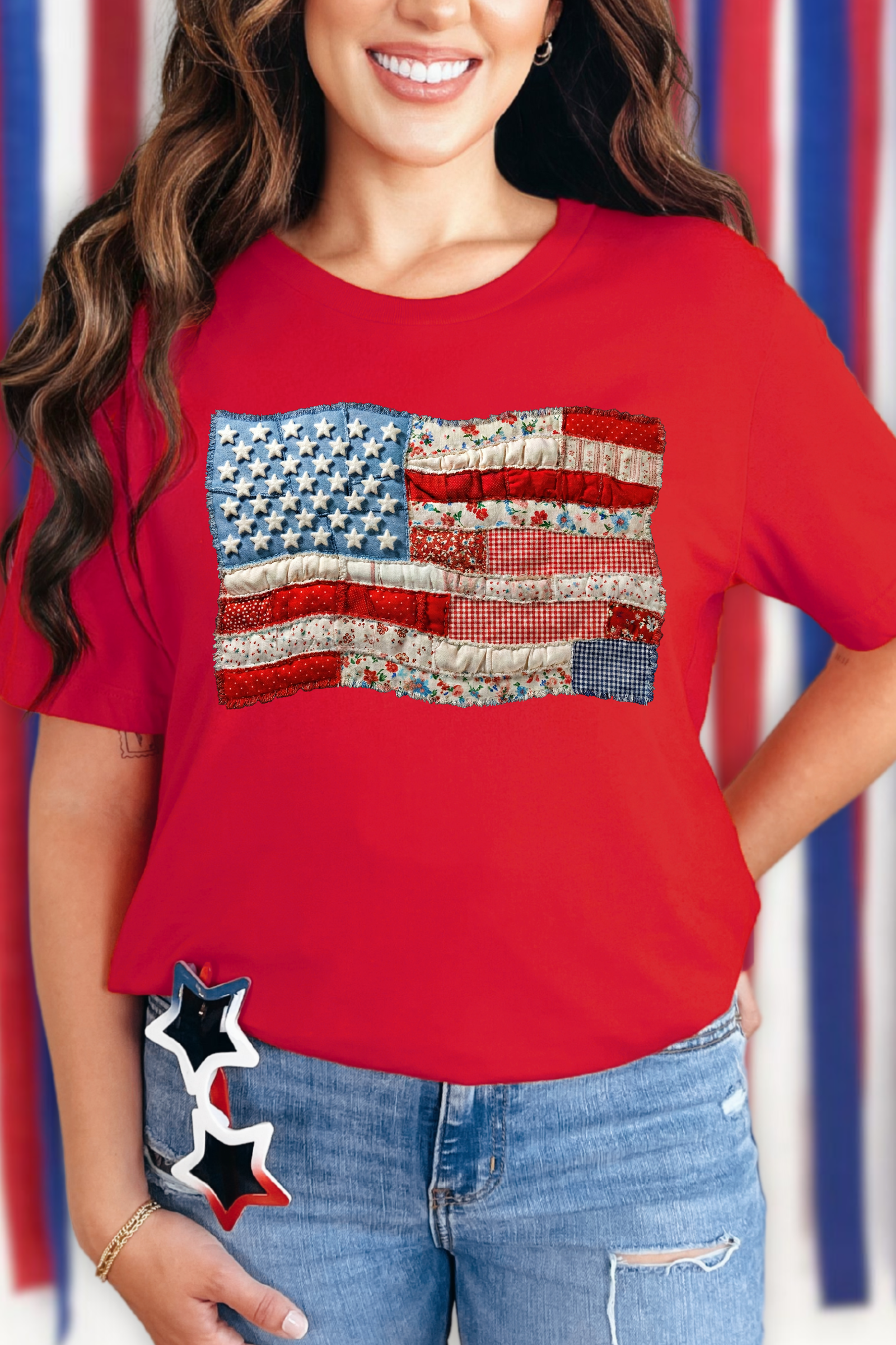 *DEAL OF THE DAY* Waving Patchwork USA Flag Tee: Red