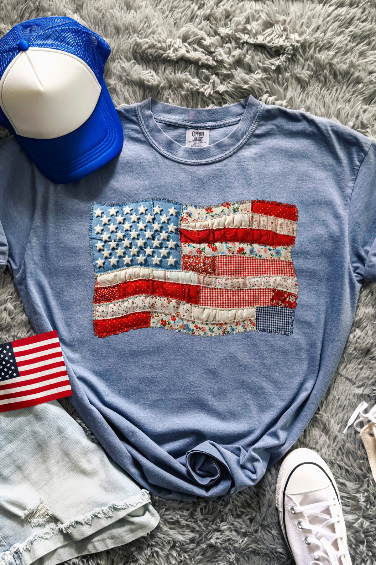 Faux Patchwork Waving Flag Tee: Blue Jean