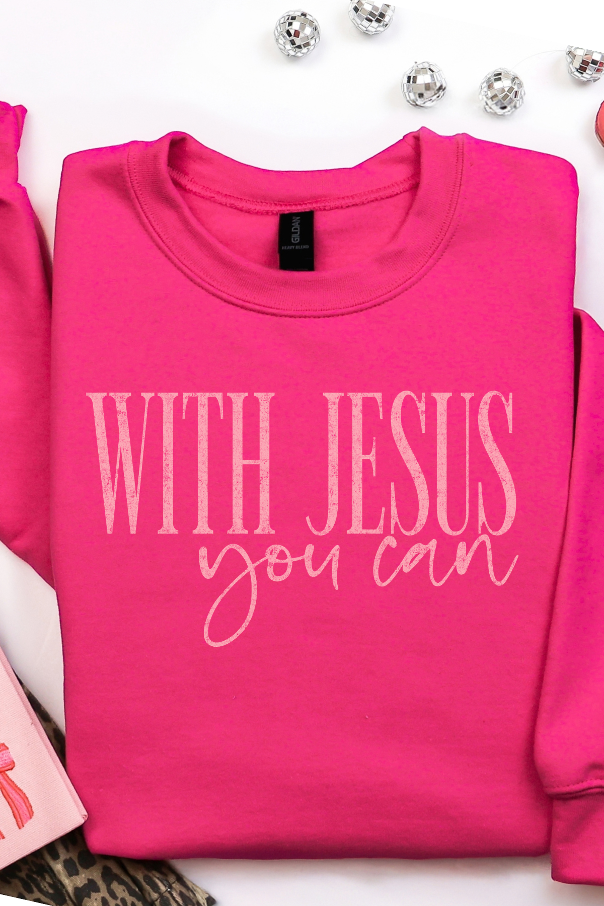 With Jesus You Can Crewneck Sweatshirt: Heliconia