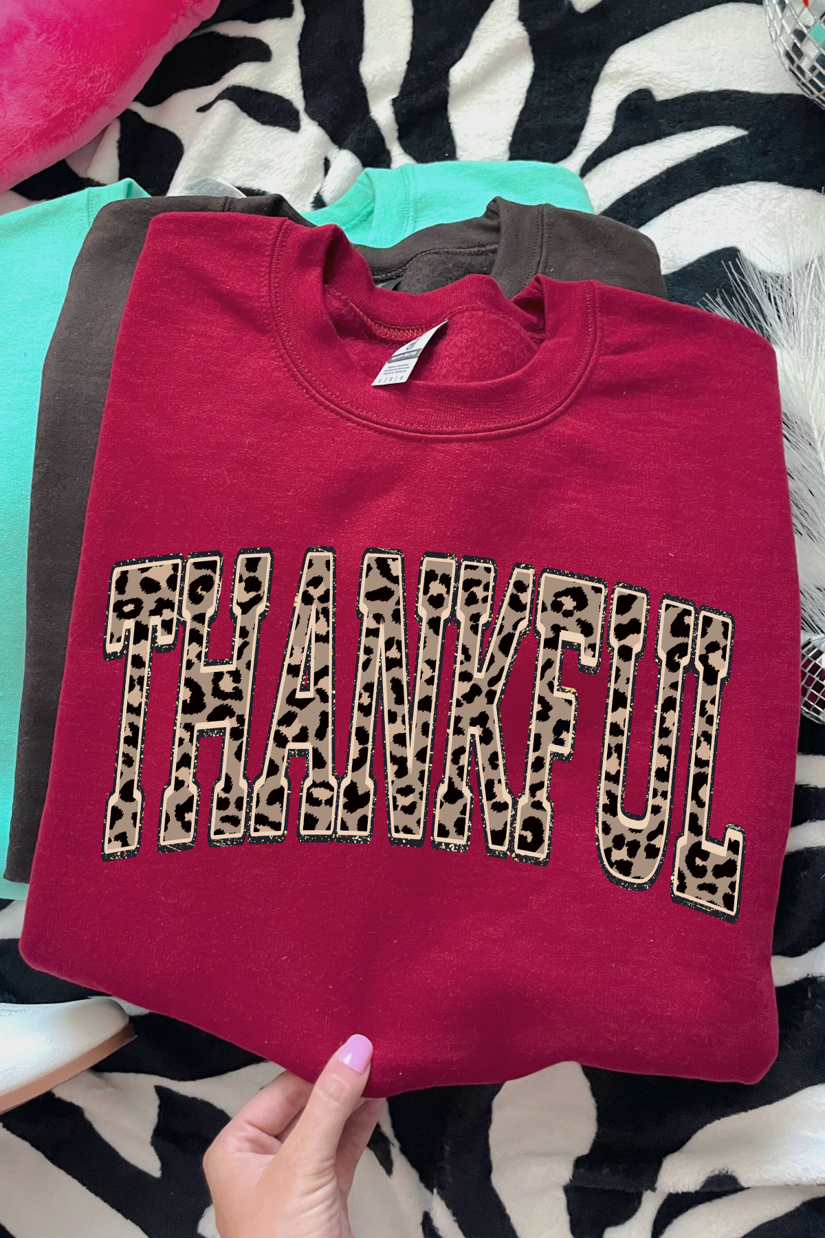 Thankful Leopard Print Crewneck Sweatshirt: Garnet