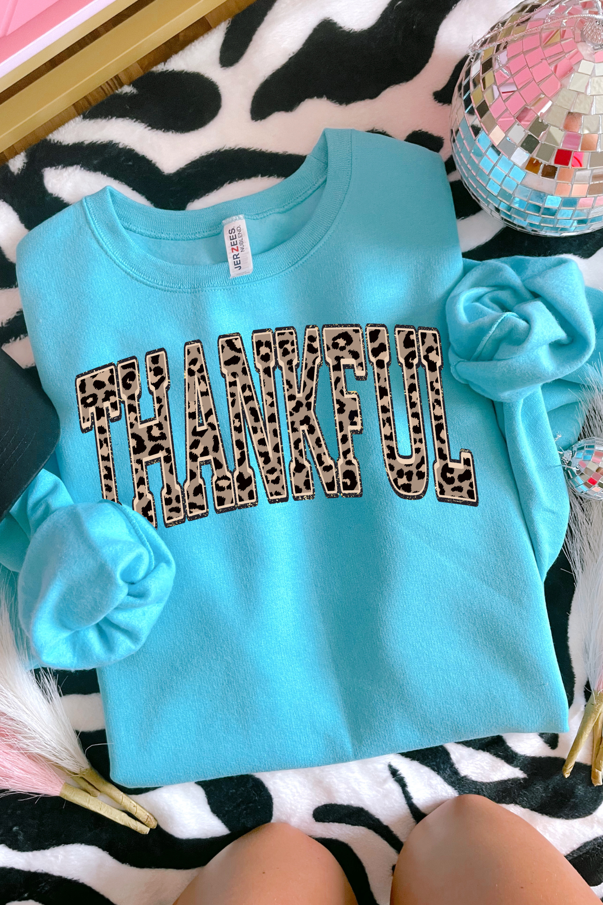 Thankful Leopard Print Crewneck Sweatshirt: Scuba Blue