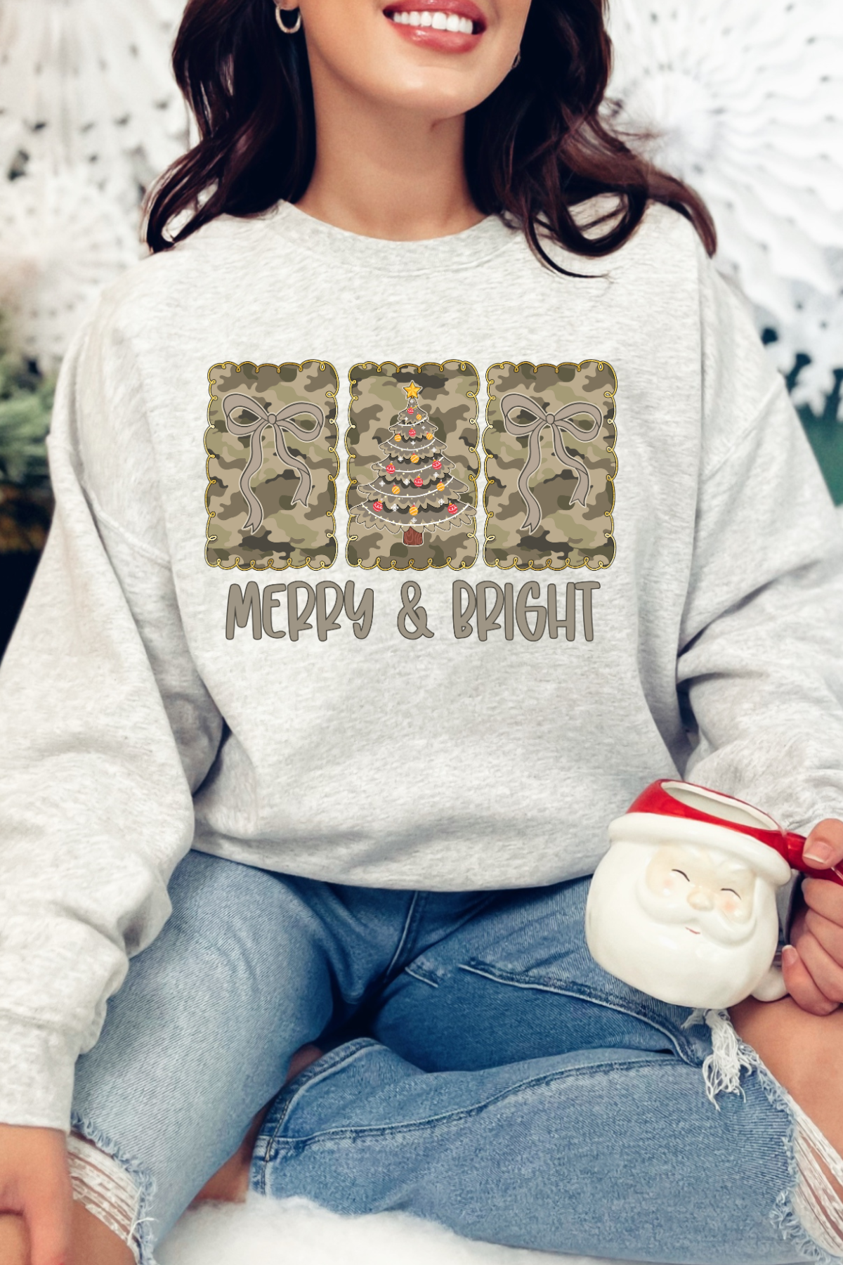 Camo Merry & Bright Crew Neck: Ash