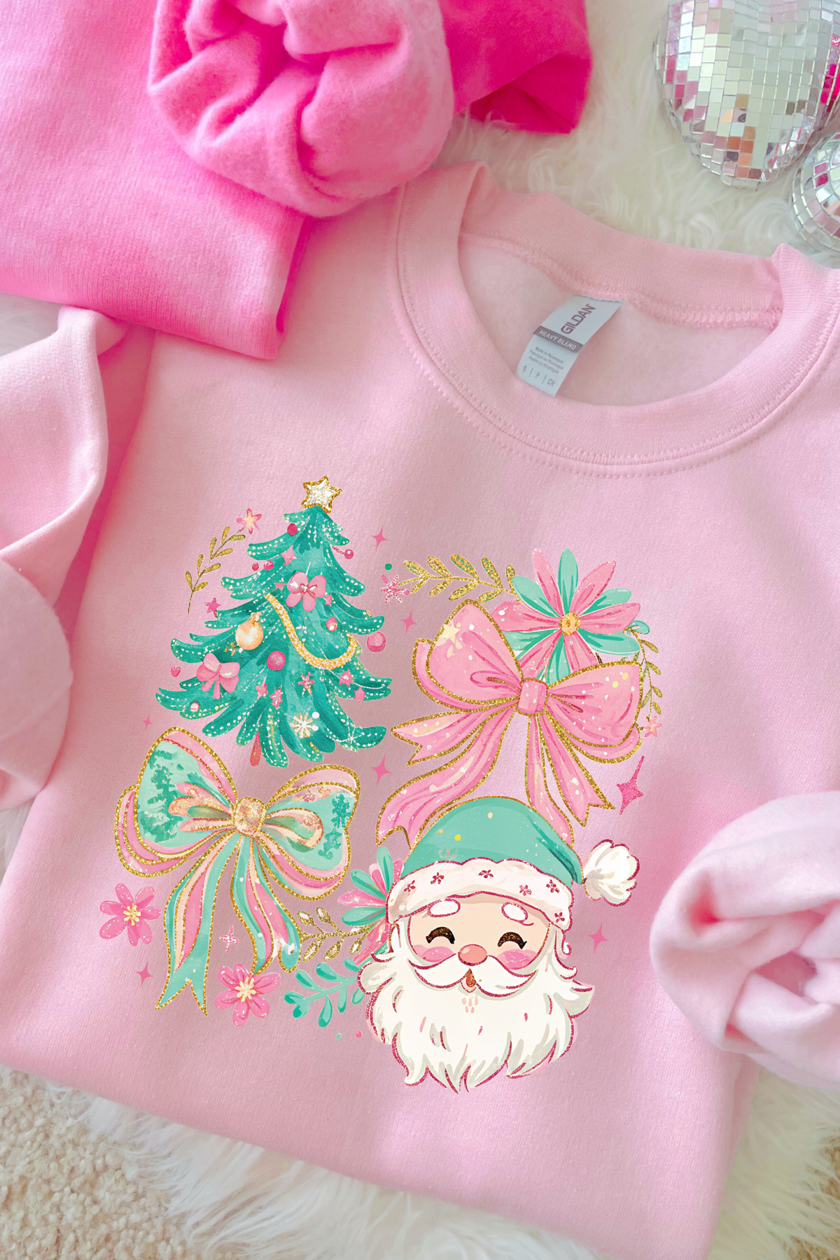 Santa and Tree Crewneck Sweatshirt: Light Pink