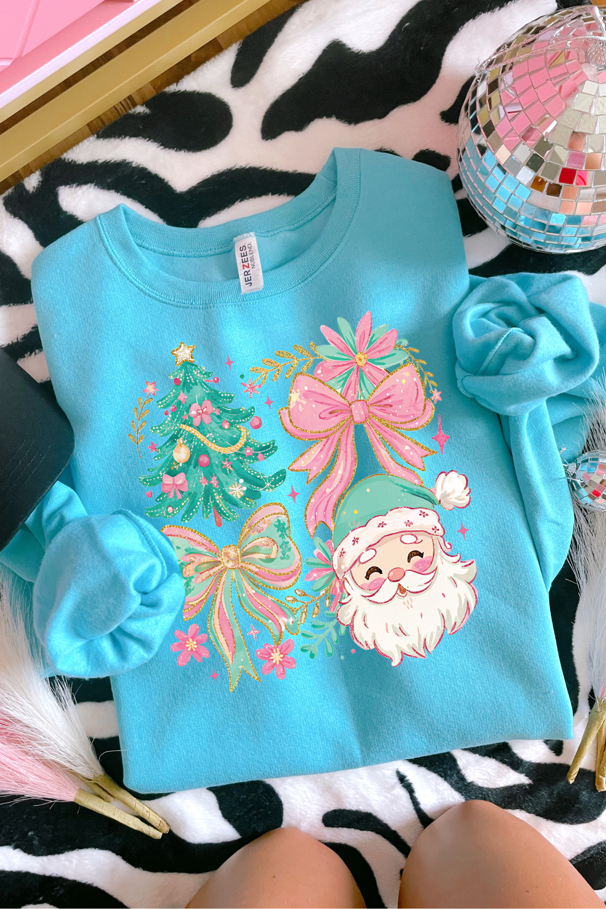 Santa and Tree Crewneck Sweatshirt: Scuba Blue