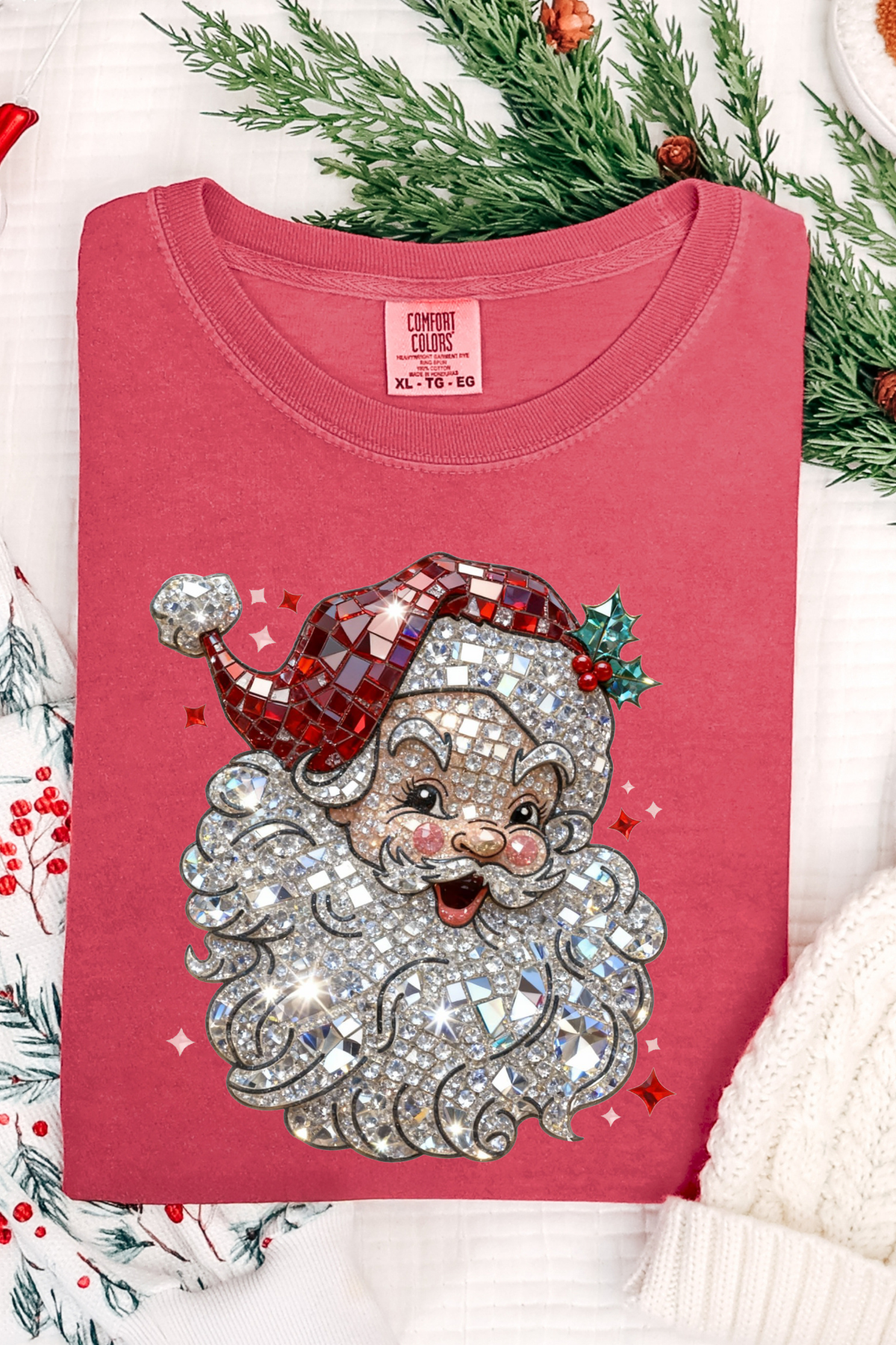 Rhinestone Santa Tee: Crimson